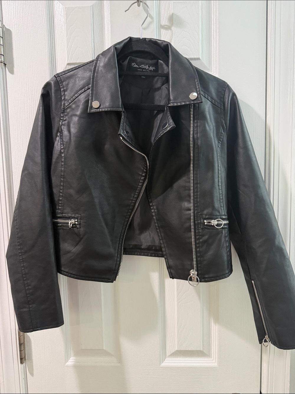 Miss Selfridges Black Faux Leather Cropped Moto Jacket